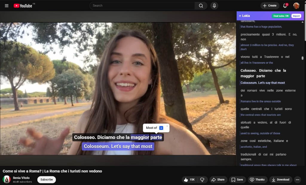 Lokia browser extension with dual subtitles on YouTube showing original and translated text